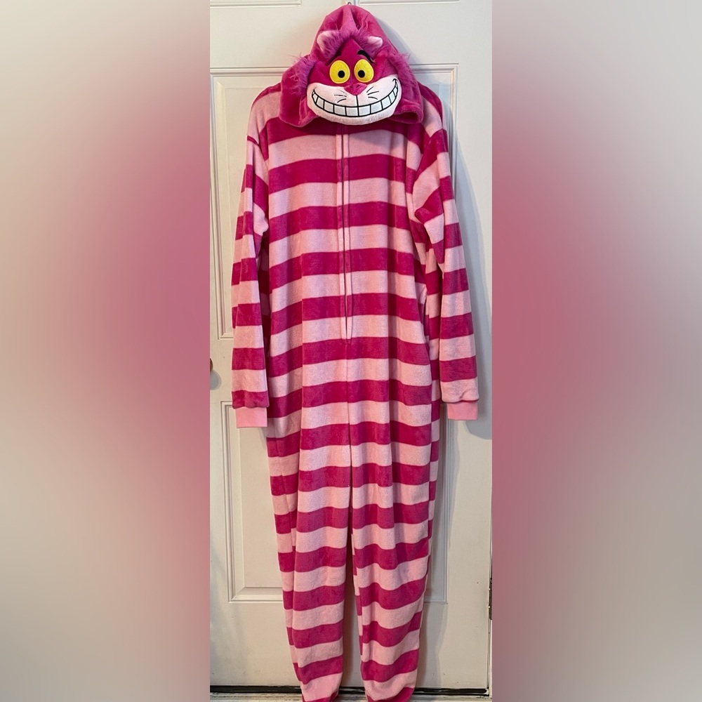 Pink Striped Cheshire Cat Onesie with Pockets. Size XL